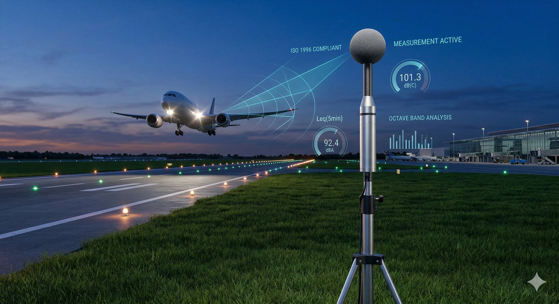 Sonómetro ISO 1996 midiendo en pista de aeropuerto